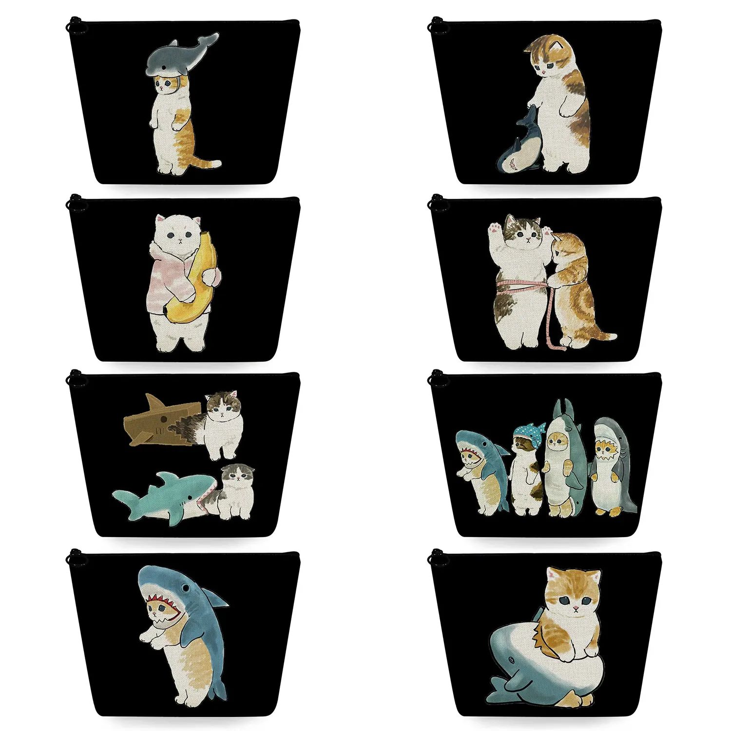 

Cute Animal Black Makeup Organizer Shark Cat Printed Women's Cosmetic Bag Heat Transfer Travel Toiletry Bags School Pencil Cases