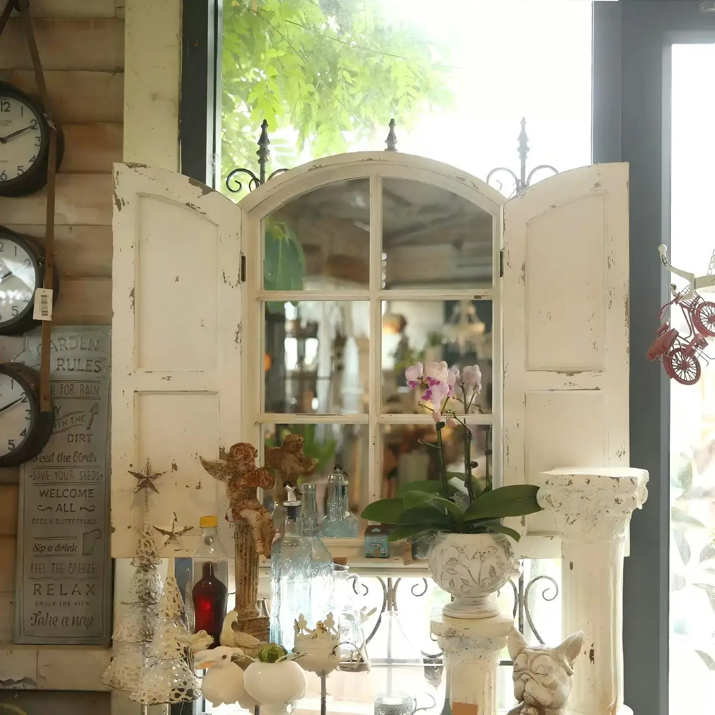 Vintage French Window Mirror with Shutters, Distressed White Arched Wall Mirror, Rustic Farmhouse Cottage Garden Decor