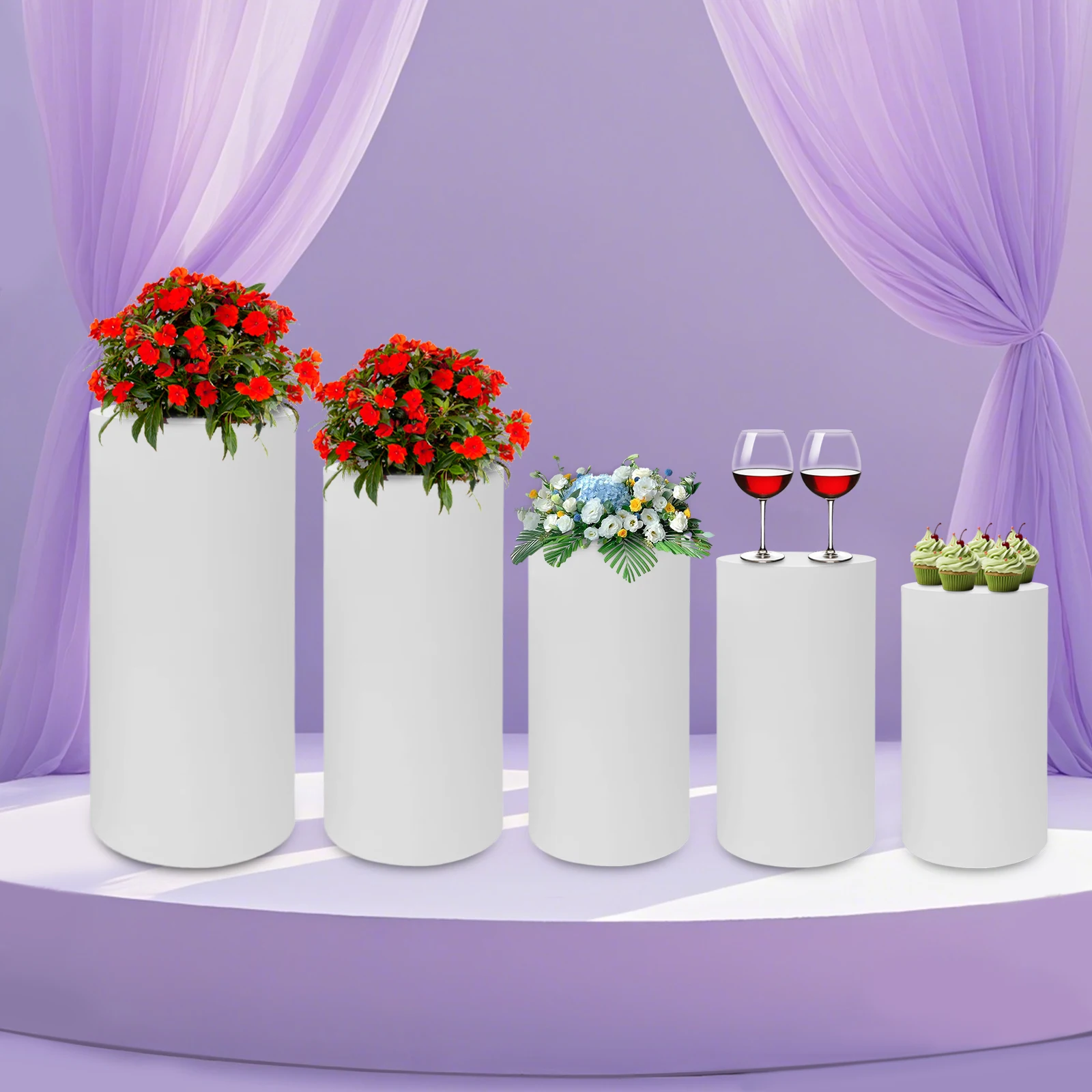 5 قطعة اسطوانة مستديرة بيضاء الركيزة حامل قائما بذاته اسطوانة معدنية الركيزة حفل زفاف عيد ميلاد كعكة زهرة عرض أعمدة