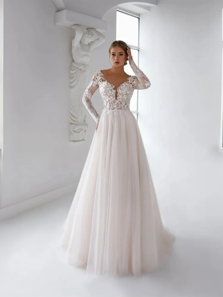 Boho Sheer O-neck Wedding Dress Long Sleeves Appliques See-through Backless A-line Bridal Gown Elegant Vestido De Novia