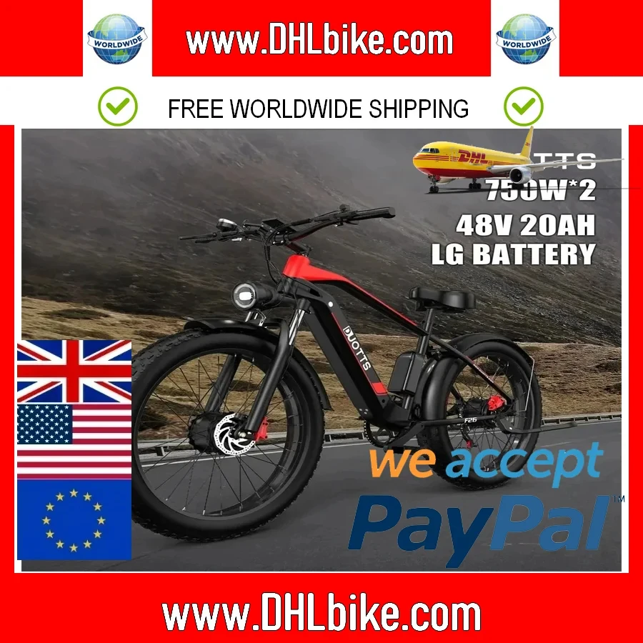 EU stock electric bicycle,LG-20AH battery, 750W*2 dual motors, 26*4.0 fat tires, off-road mountain electric bicycle, 100km