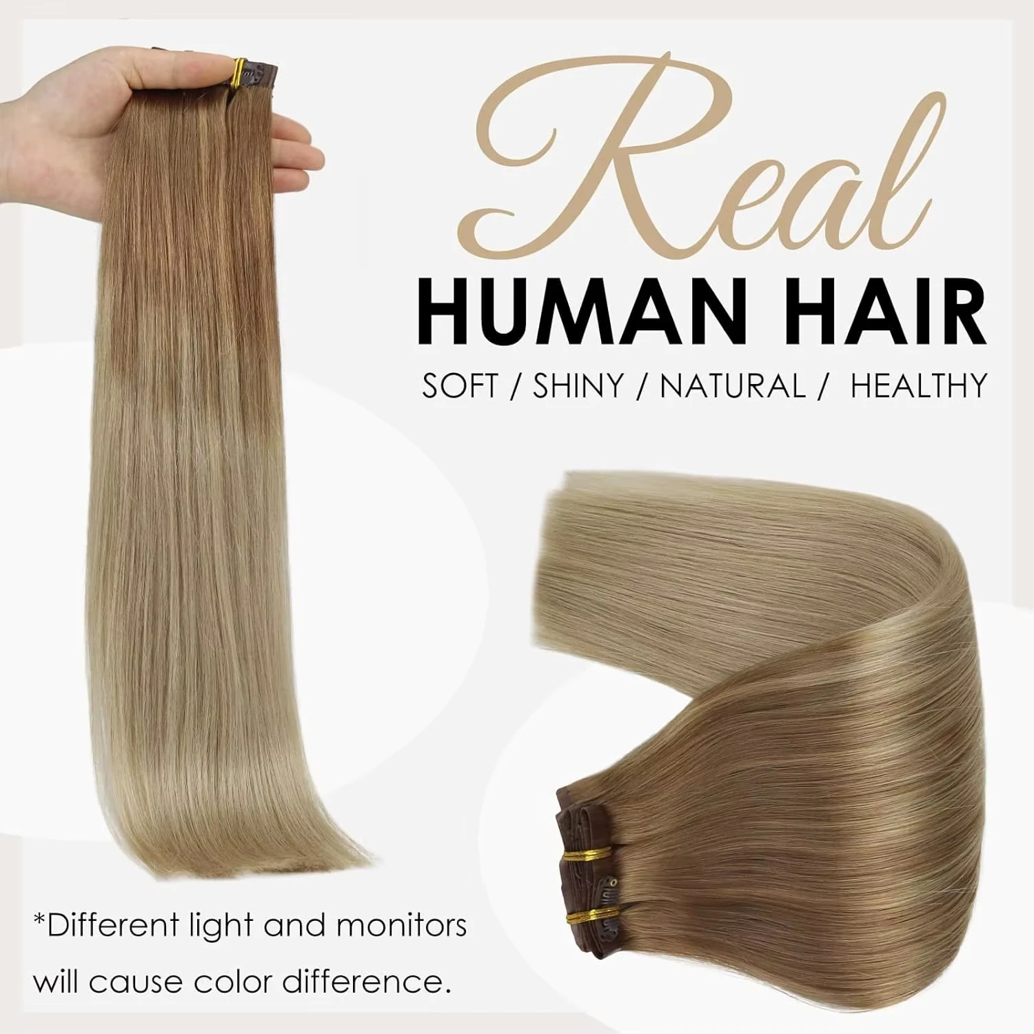 Full Shine Seamless Clip in Hair Extensions Balayage Color Human Hair PU Invisible Clip in Human Hair Extensions