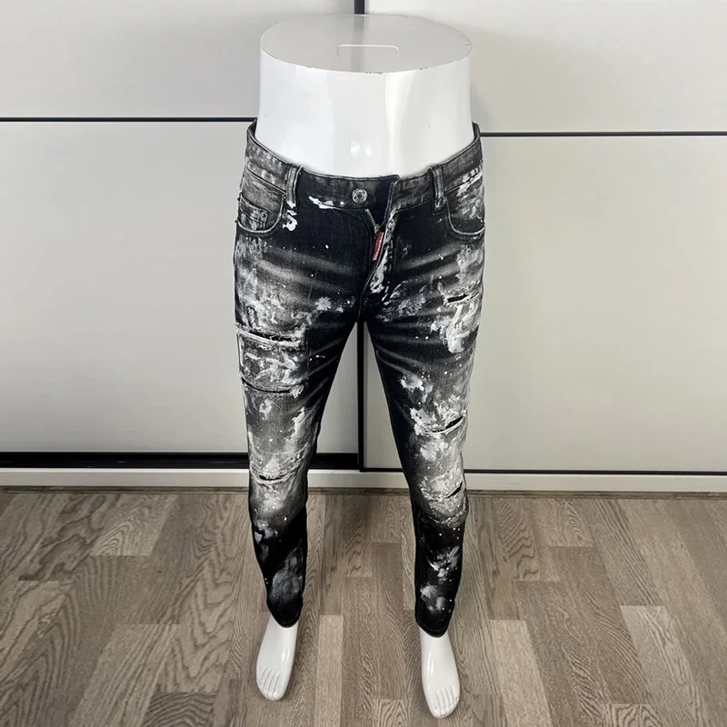 High Street Fashion Männer Jeans Retro schwarz grau Stretch Skinny Fit zerrissene Jeans Männer
