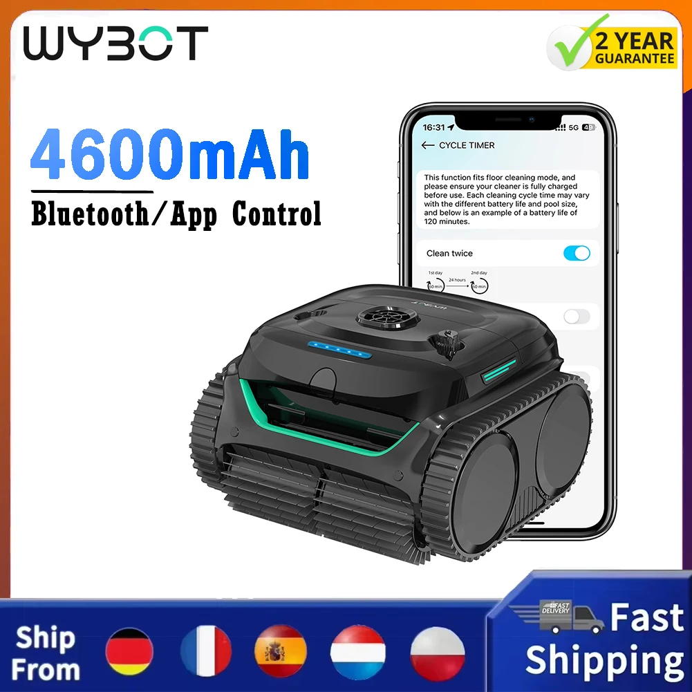 Robot Aspirador Inalámbrico para Piscinas WYBOT C2, Limpieza de Paredes y Línea de Flotación, Filtración de Limpieza Dual para Piscinas Enterradas de hasta 1614 Pies Cuadrados