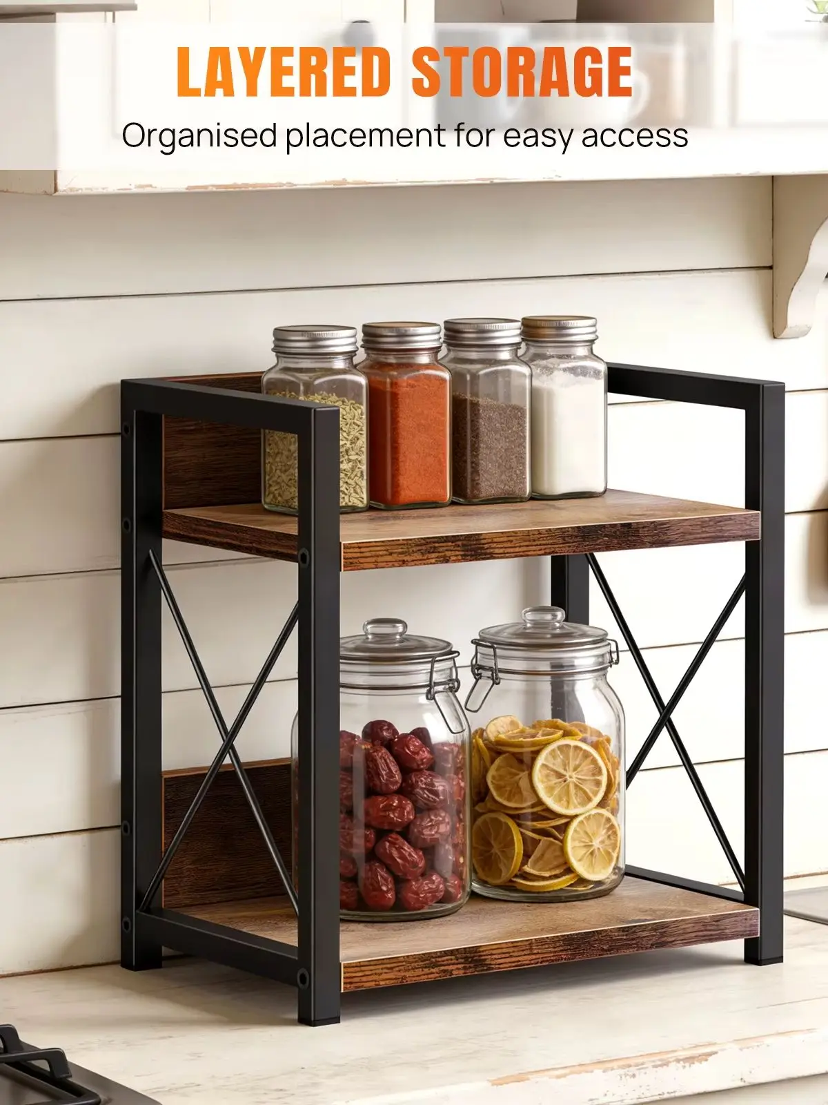 2-stöckiges Küchen-Gewürzregal, Aufbewahrungsregal für die Arbeitsplatte, verstärkter Metallrahmen in X-Form, Tischorganizer im Vintage-Holzdesign für Gewürzflaschen, Gläser und Küchenutensilien.