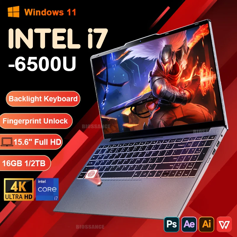 2025 déverrouiller l'empreintes digitales ordinateur portable Windows 11 15.6 "Intel Core i7 6500U ordinateur 16GB RAM 1TB SSD jeu bureau PC portable rétro-éclairé