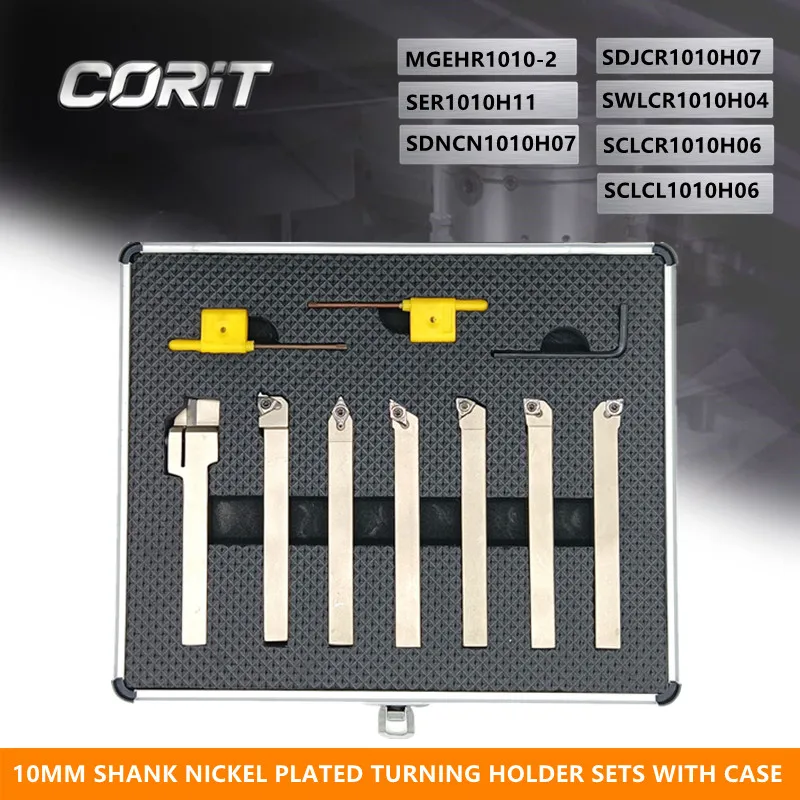 

CORIT 7Sets of 10MM Shank Nickel Plated CNC Lathe Turning Tool Holder with Carbide Inserts and Wrenches in Case Set Turning Tool