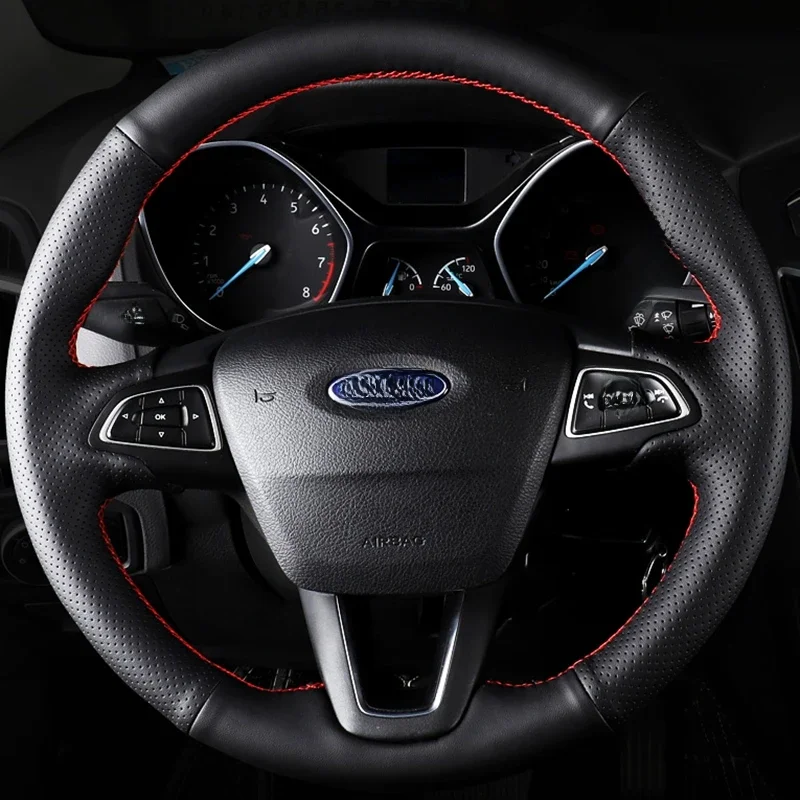 Dostosuj skórzany pokrowiec na kierownicę z mikrofibry do Ford Focus 3 2015-2018 Kuga 2016-2019 Escape C-MAX Ecosport 2018-2019 — zdjęcie 2