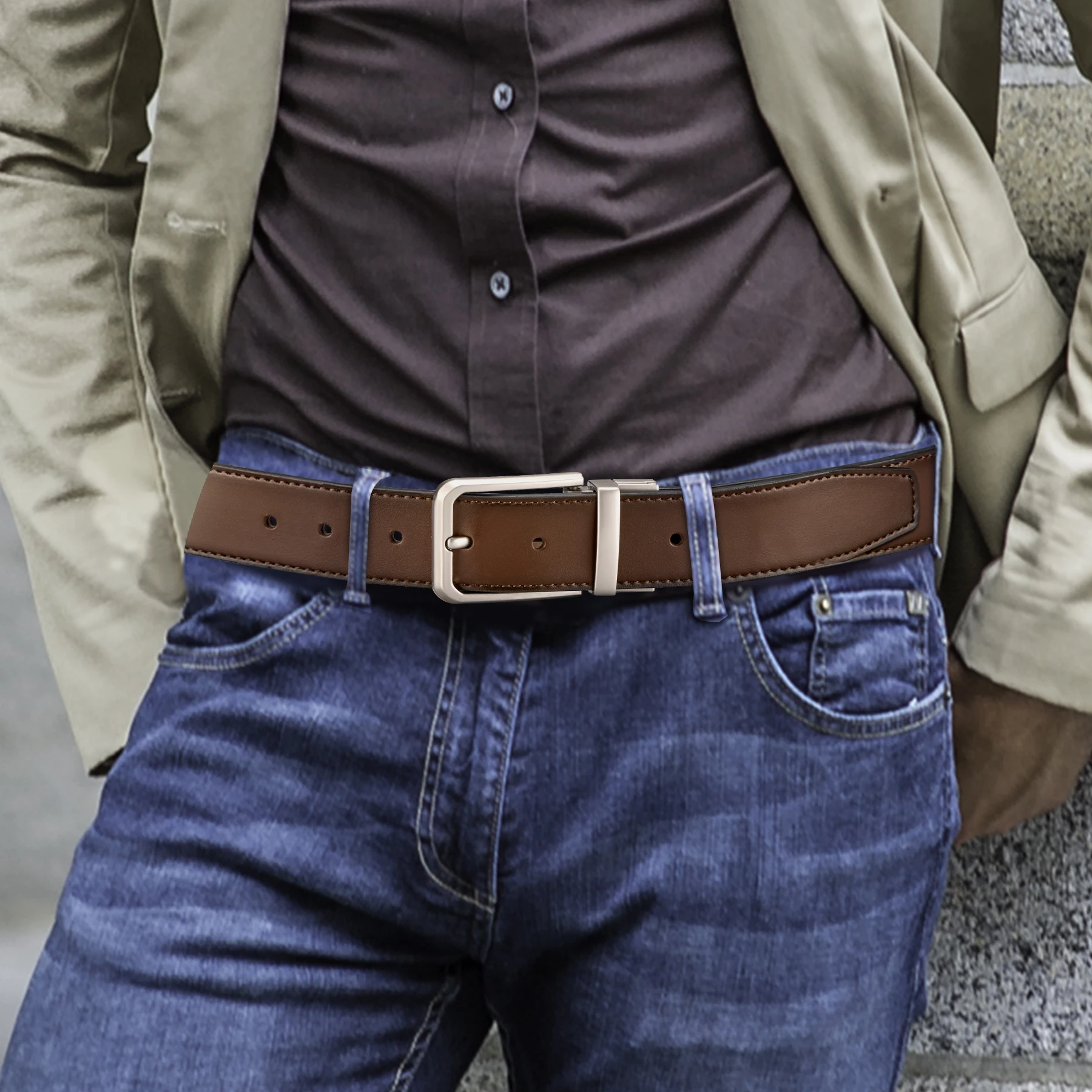 เข็มขัดหนังผู้ชายแบบกลับด้านได้ 1 แพ็ค สไตล์ลำลองสองแบบในเข็มขัดเดียวสำหรับผู้ชายสำหรับใส่กับกางเกงยีนส์และกางเกงเดรส