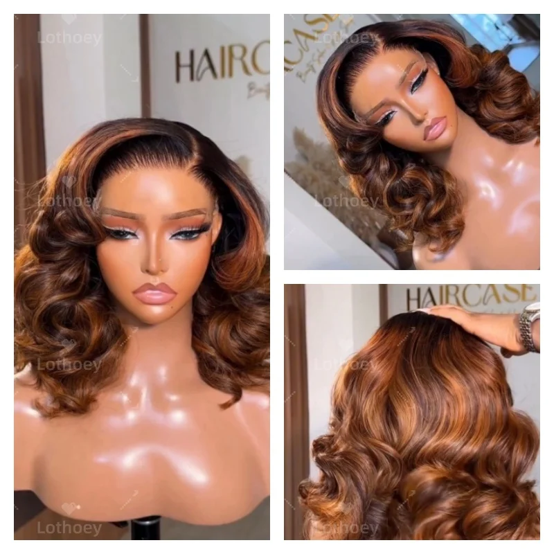 

Brown Glueless Bob Lace Frontal Wig Short Spiral Curl Human Hair Colored Lace Front Wig Human Hair silk base Wig