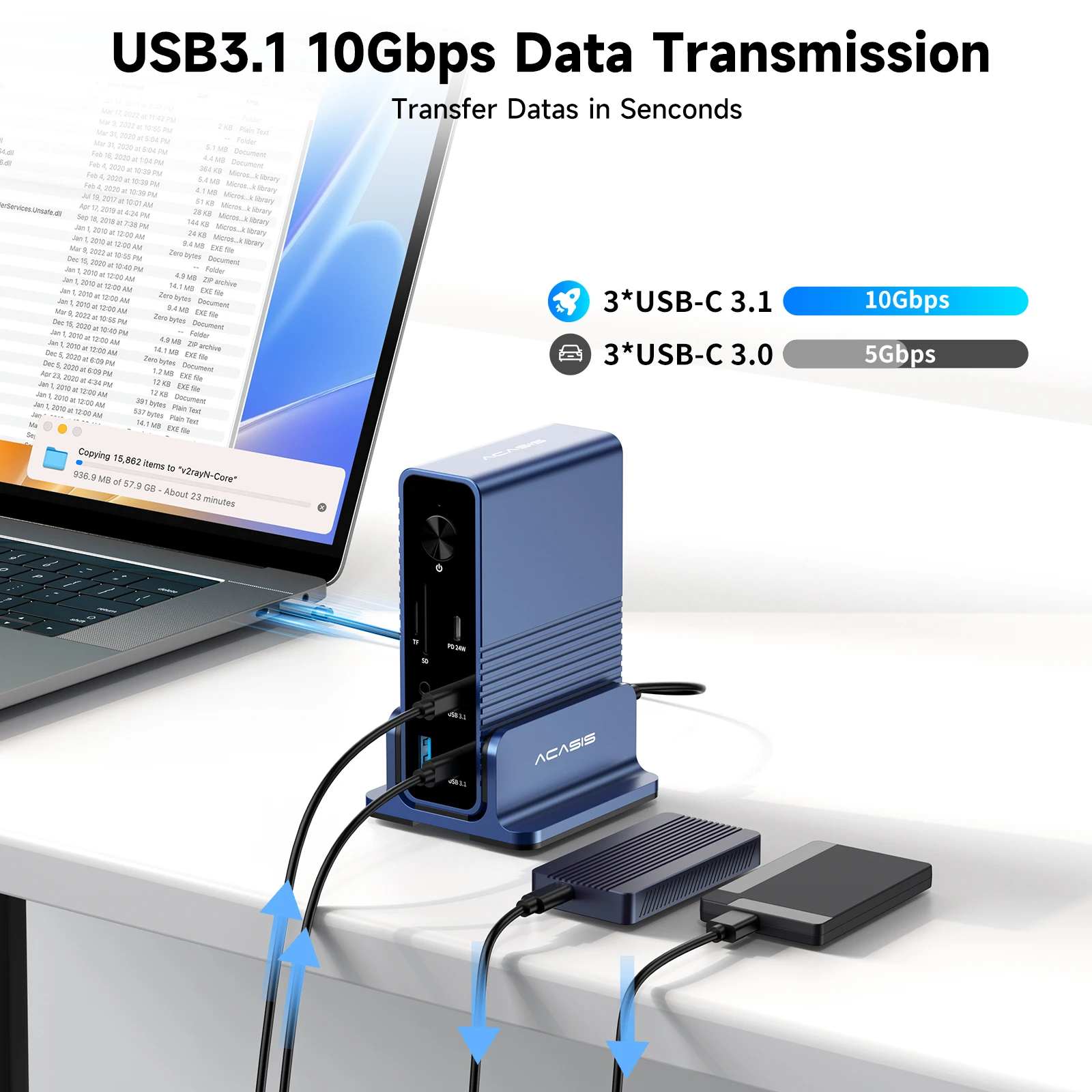 Acasis USB-C Docking Station 15 Ports Hub 10Gbps USB-C to HDMI 4K@60HZ PD100W For Macbook Pro Triple Display Expansion Dock