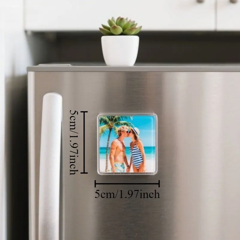 Custom acrylic fridge magnets, can be personalized with graduation photos, family vacation photos, pet photos, square personaliz