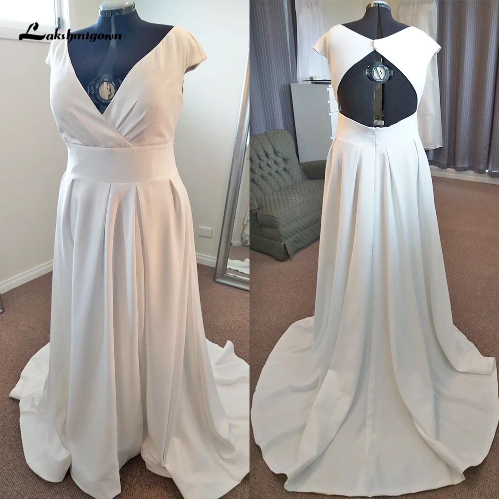 Simple Split V Neck Short Cap Sleeve Backless Belt Pleat Satin A Line Wedding Dress For Women Sexy Bride Gown Sweep Robe Vestido