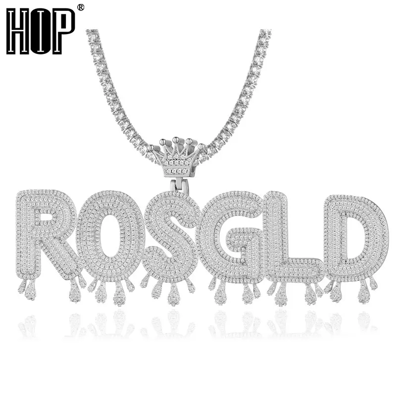 Hip Hop Big Custom Name Bubble Letters Cubic Zircon Crown Drip  Pendants&Necklaces For Men Women Jewelry With Solid Back