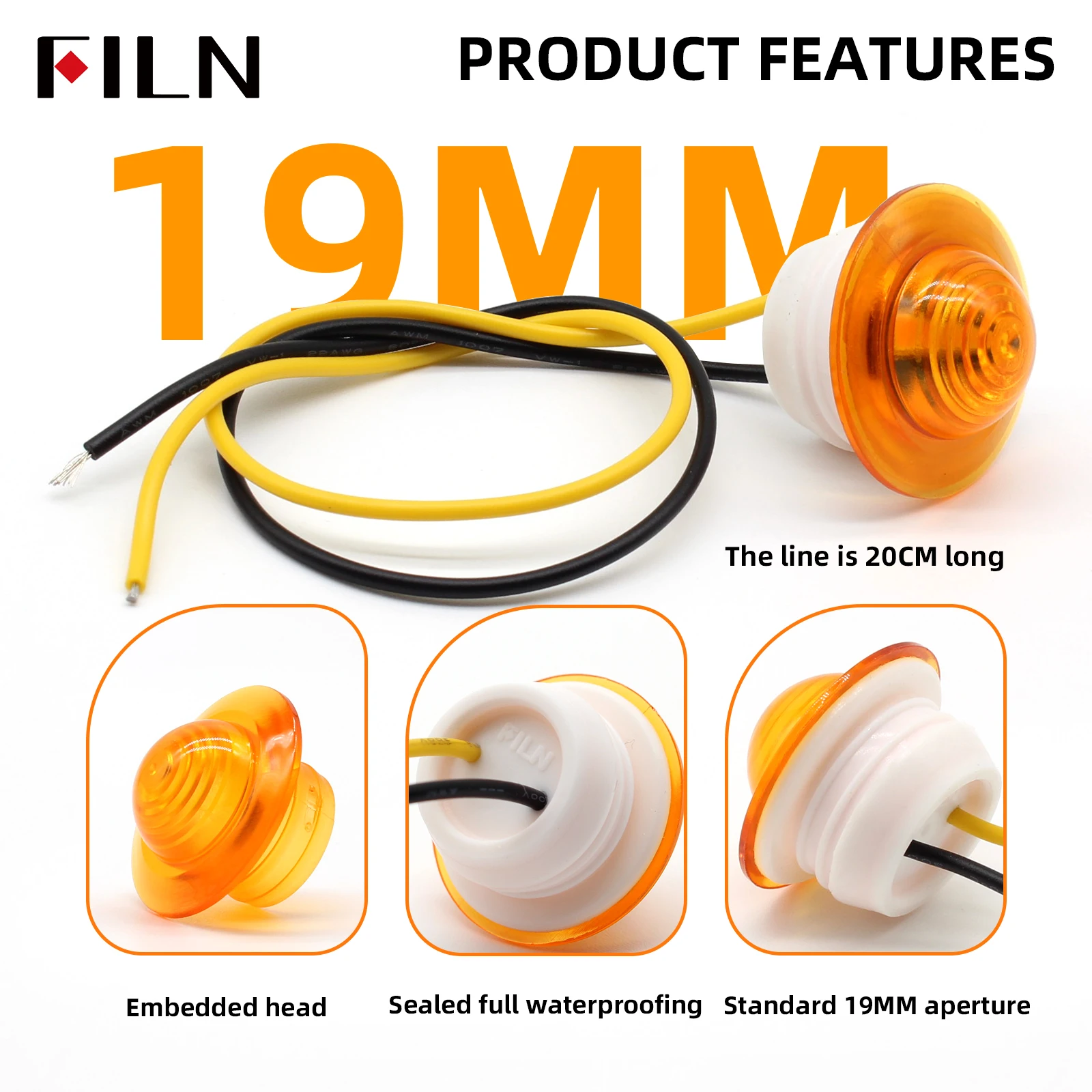 FILN Amber 3 LED Mini Round Trailer Side Marker Indicator Light Clearance Button Signal Lamp Universal for Truck Lorry Boat 12V