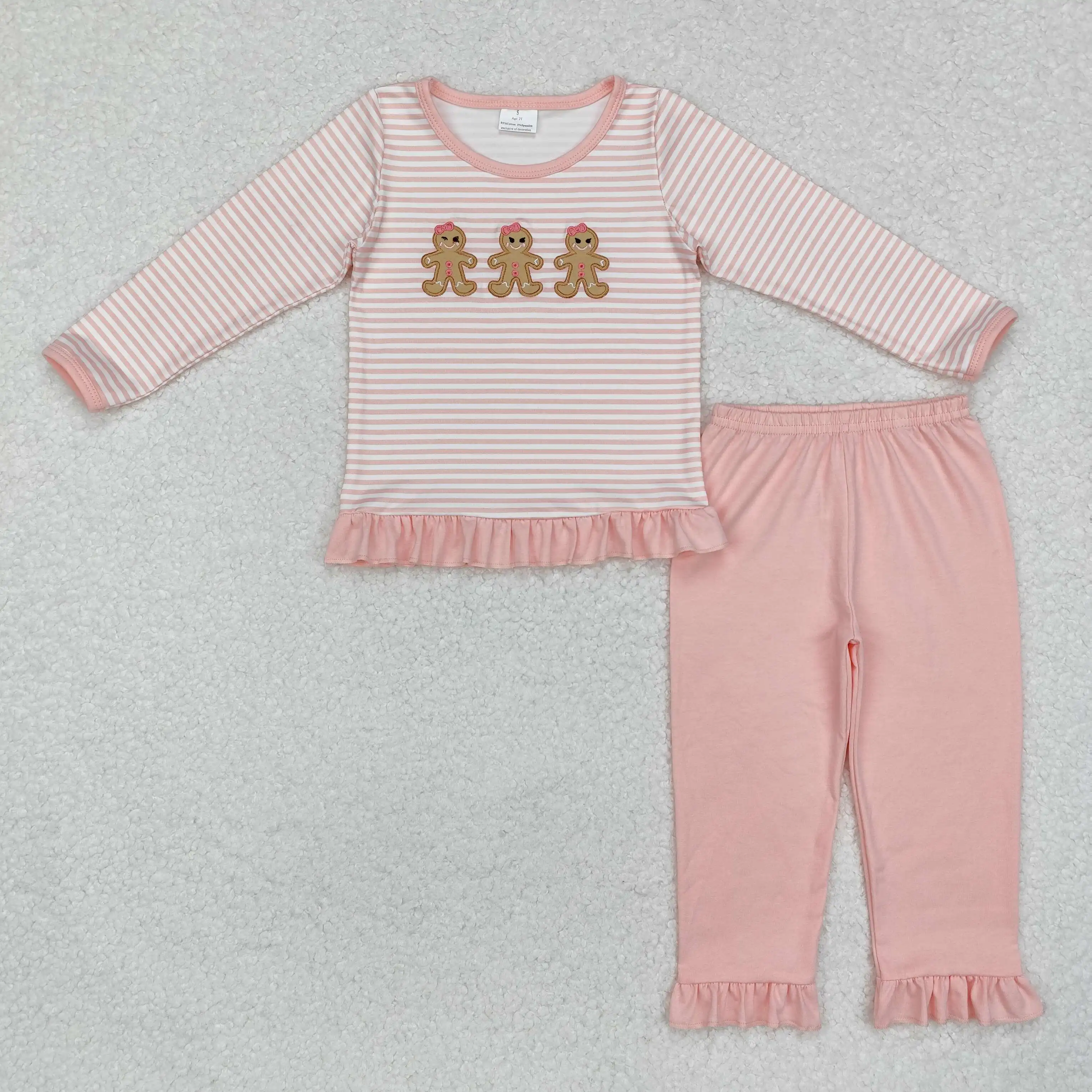 

Winter Fashion Baby Girls Embroidered Gingerbread Man Pink Striped Lace Long Sleeve Pants Set Wholesale Boutique Children RTS