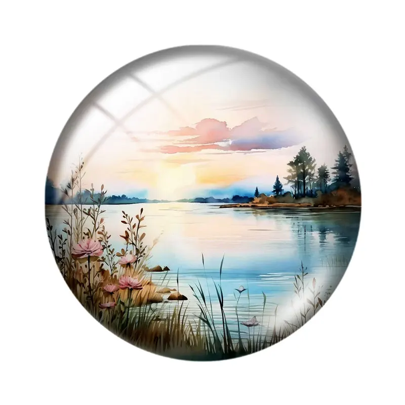 Watercolor Lakeside Scenery 10pcs 12mm/25mm/30mm Round photo glass cabochon demo flat backMaking findings