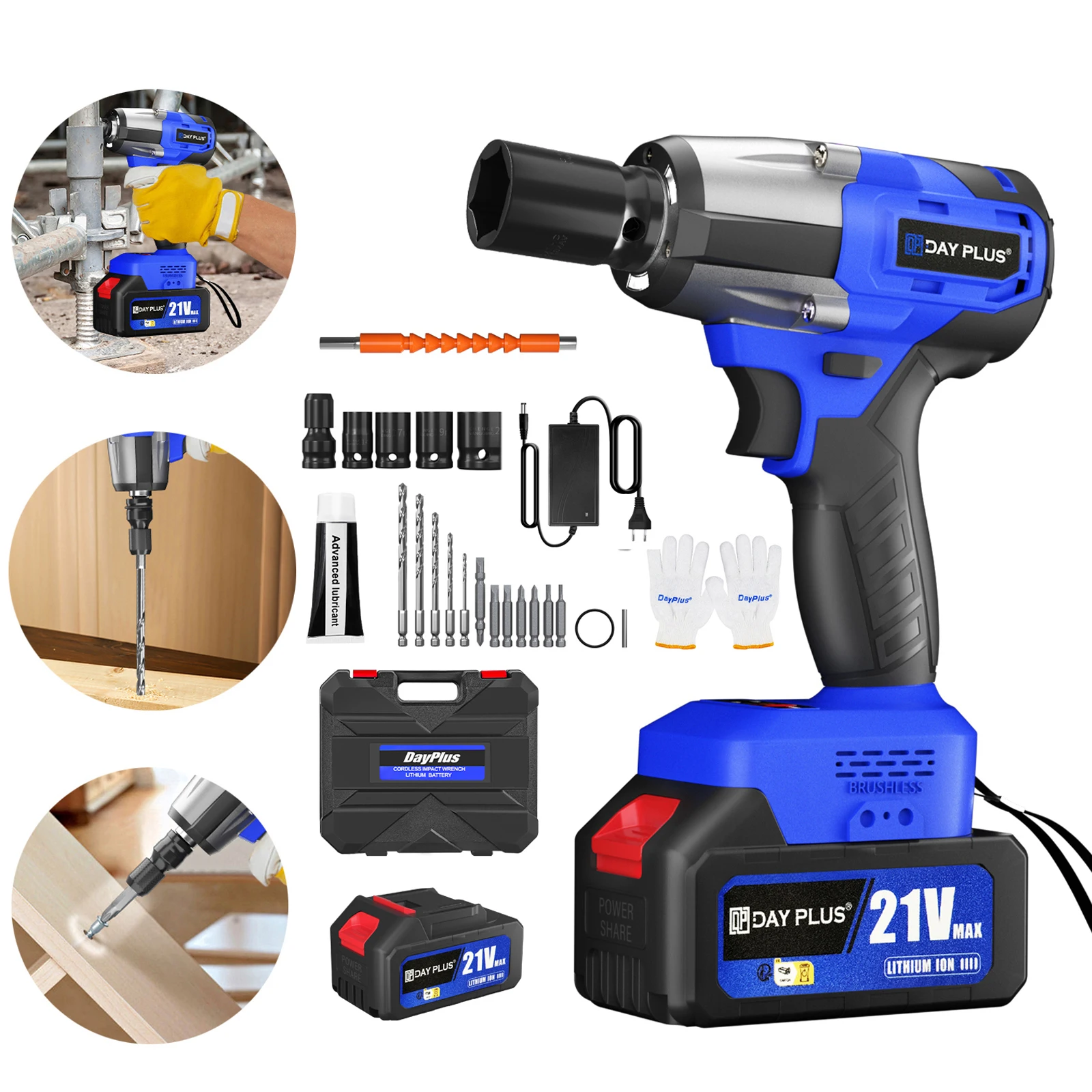 Clé à chocs électrique sans fil à couple élevé 1200 N.m 1/2 pouce, outils électriques avec 1 ou 2 batteries, boîte à outils et lampe de travail