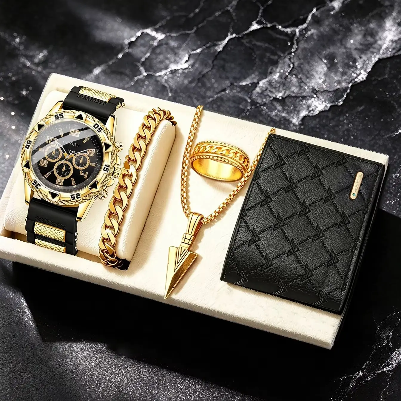 5-Piece Men's Silicone Quartz Watch Set, Includes a Vintage Wallet and Gold Accessories, Suitable for Daily Use and Casual Wear, Perfect as a Gift Choice.