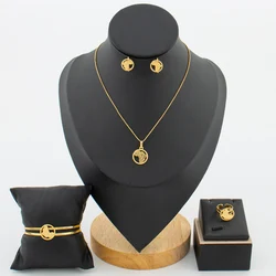 African Map Design Earrings and Necklace Jewelry Set for Girls 18k Gold Color Bangle Ring Set for Daily Wear Party Accessories