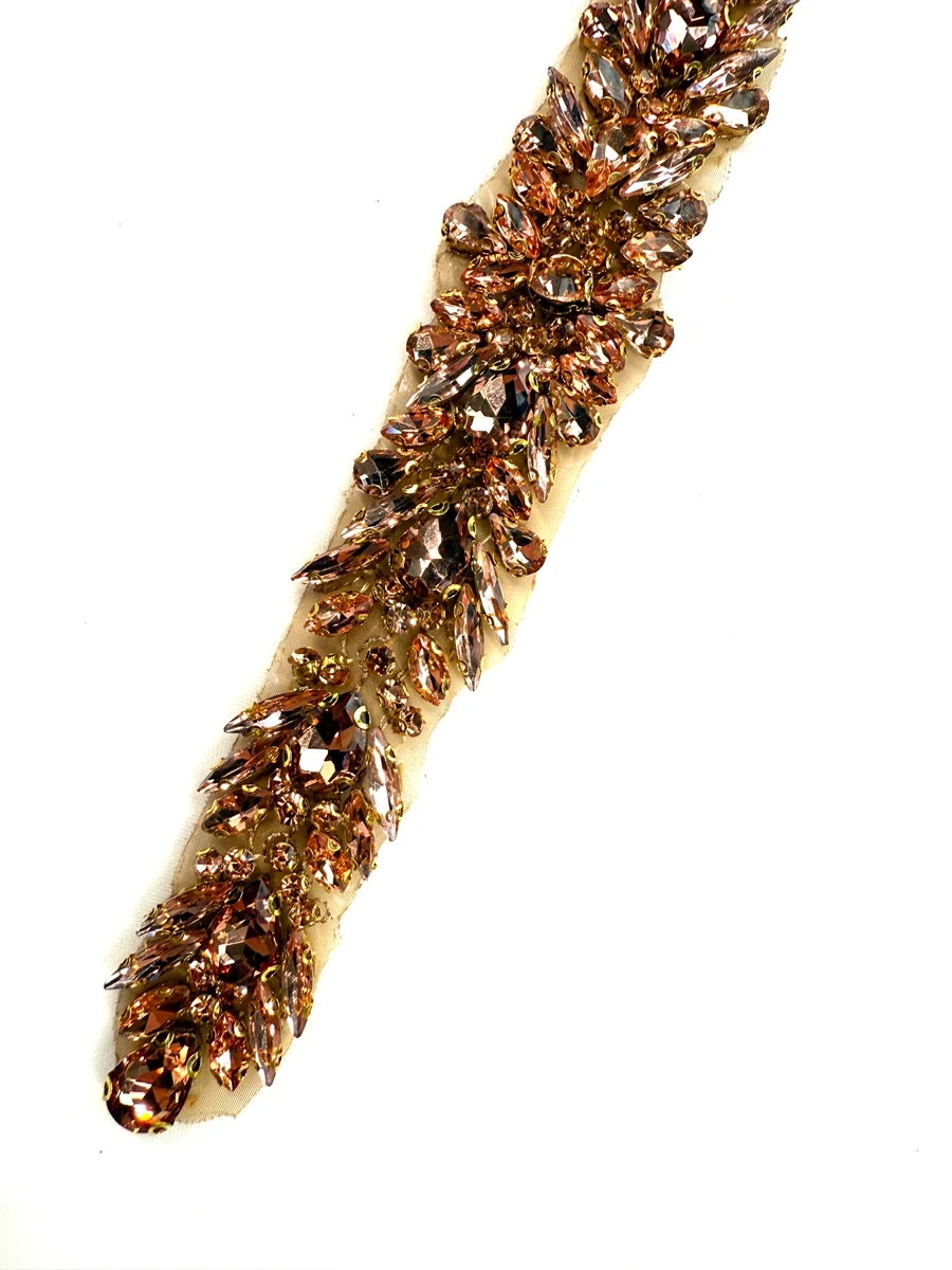 HelluyerDc gold,champgane,silver rhinestones beaded applique patch,iron rhinestones belt,3.5cm wide,25cm length,iron or sew on