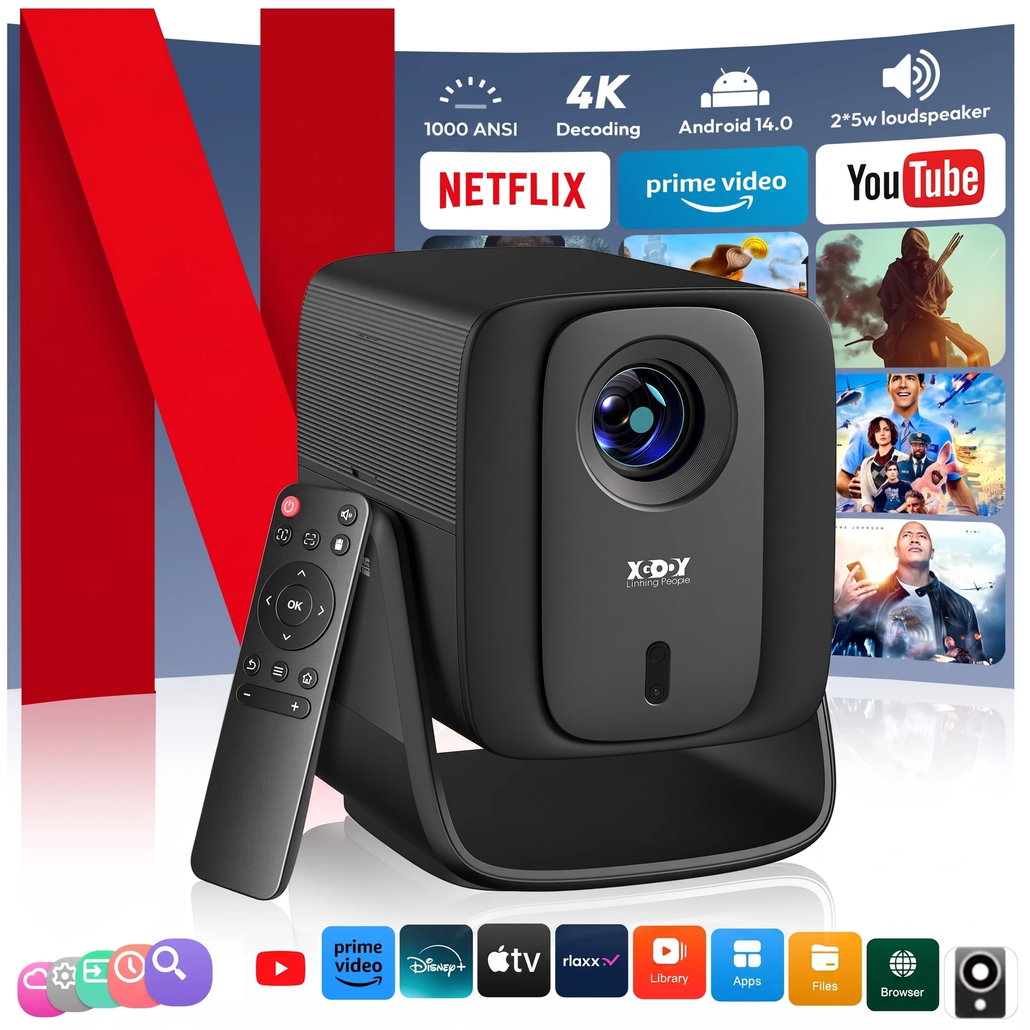 1000 ANSI XGODY Gimbal A7 Cine 8K/4K Beamer Android 14 Smart Projektor Native 1080P Autofokus Trapezkorrektur Full HD HDR10 korrektur Heimkino Outdoor