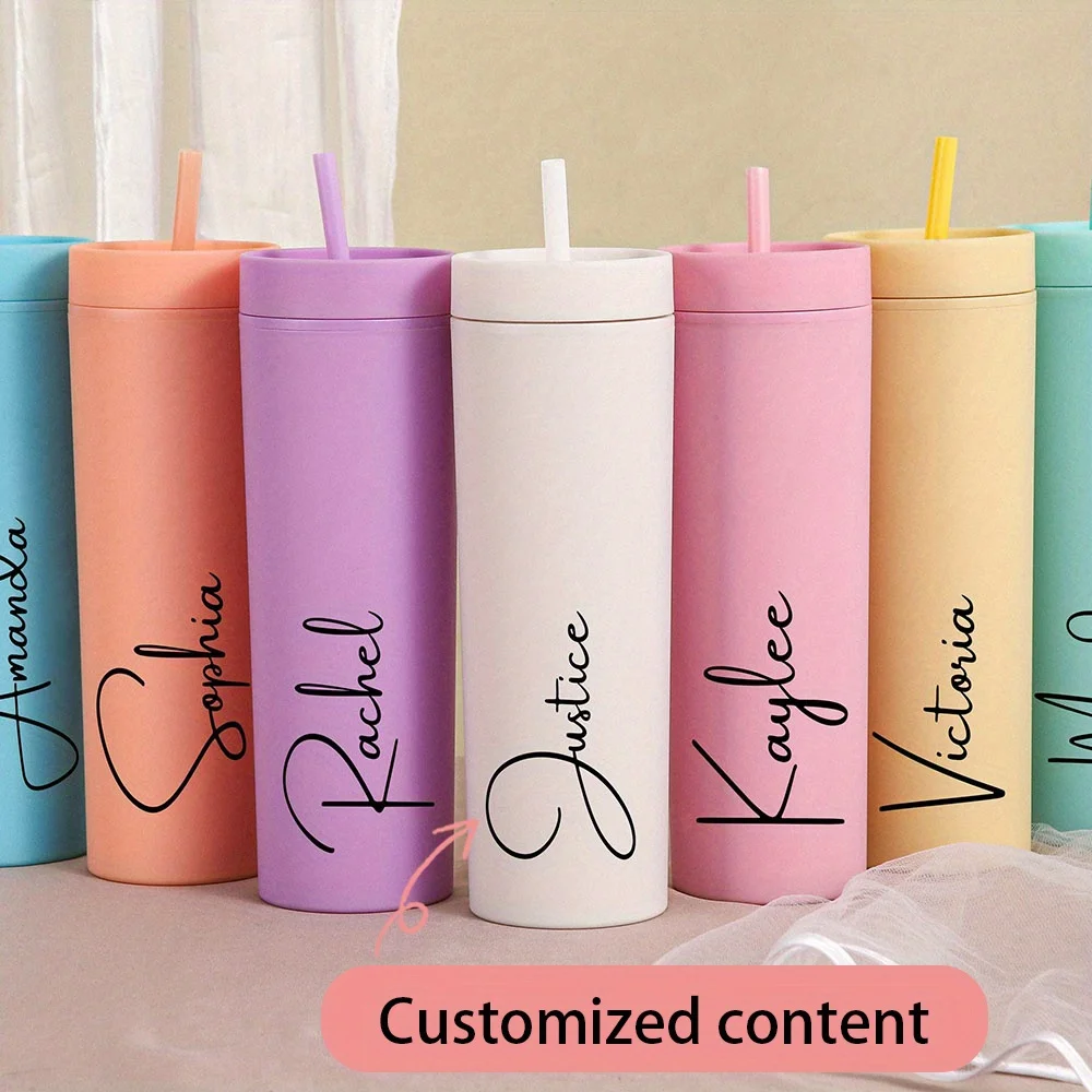 Personalized Name Matte Skinny Tumbler Custom Script Text Slim Insulated Cup With Straw Birthday Bridesmaid Gift for Women
