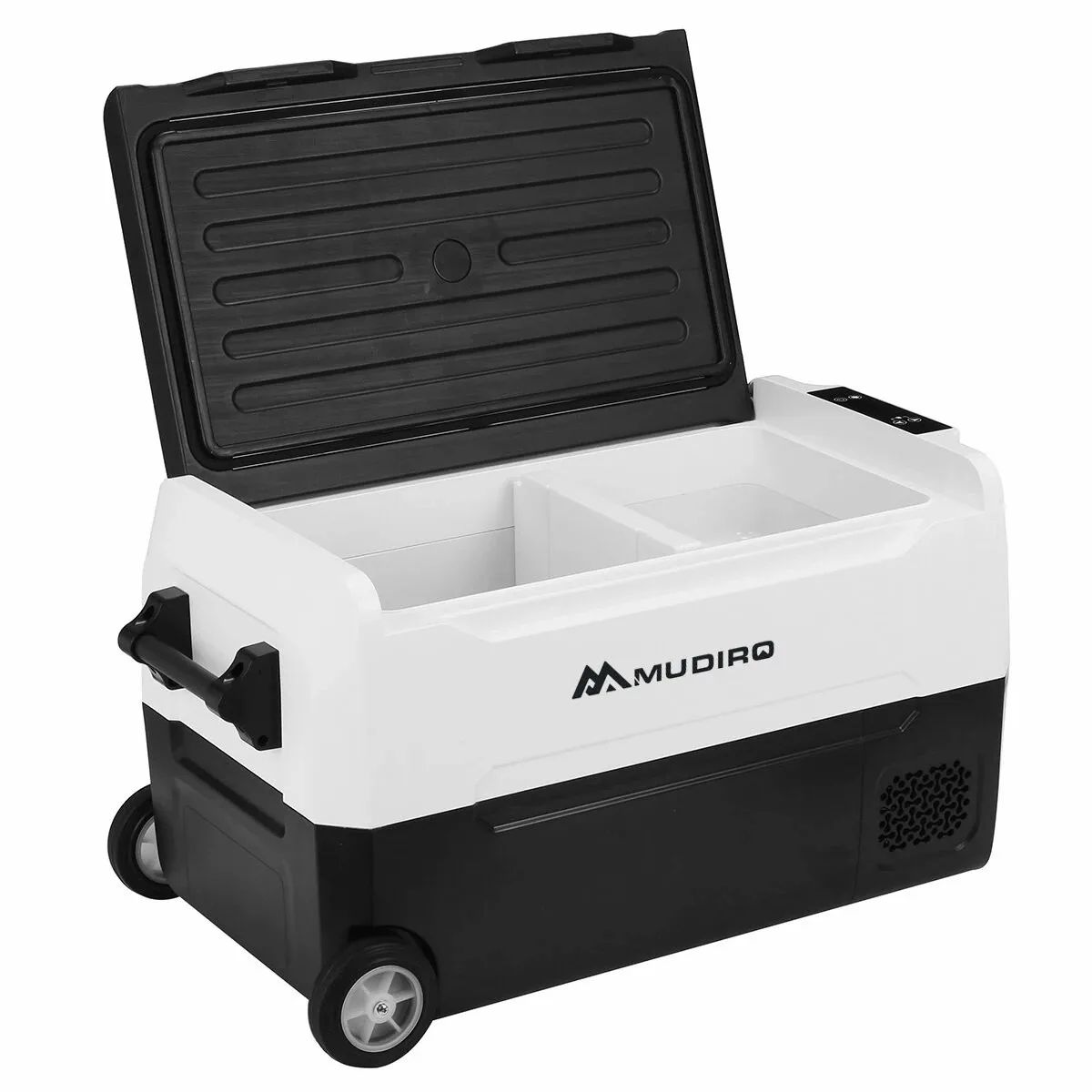 MUDIRO 35L/55L Auto-Kühlschrank, Leistungsstarker Kompressor, Schnelle Kühlung, 3 Stromquellen (Solar/AC/DC), Rutschfester Griff, Gummiräder, Bluetooth, Echtzeit-Temperatur/Voltanzeige für
