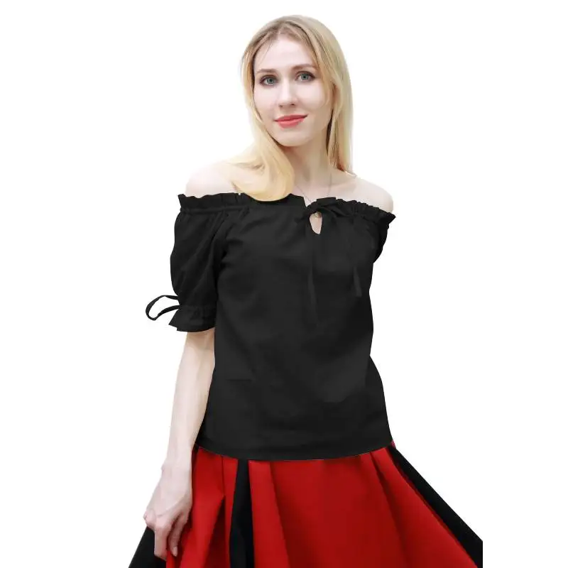 DAZCOS Ruffle Off Shoulder Blouse Lace Up Sleeve Peasant Tops Renaissance Medieval Pirate Tank Shorts 2023 Summer Short Shirt