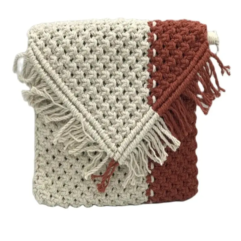 Cotton  Women Beach Handle Straw Shoulder  Bag with Tassel Boho Hollow Out Crochet Crossbody Handbag Macrame Clutch Purse  Rope