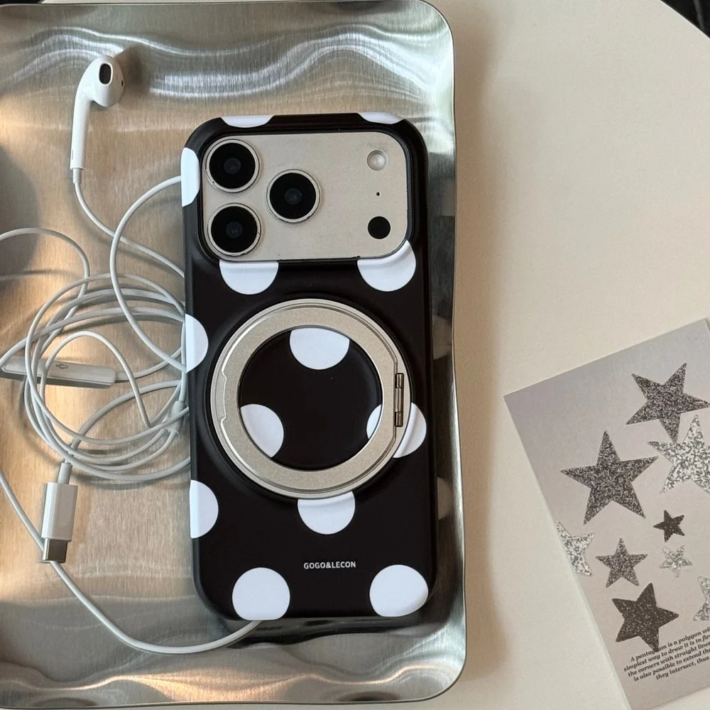New INS Classic Black White Polka Dot Print Phone Case For iPhone 17 Pro 16 Max 15 16 17 Pro Max 15 Pro With 360° Magnetic Stand