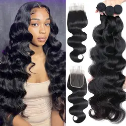 Body Wave Bundles with Closure Brazilian Human Hair 3 Bundles with 4x4 HD Transparent Lace Closure Natural Color 3 Bundles Hair
