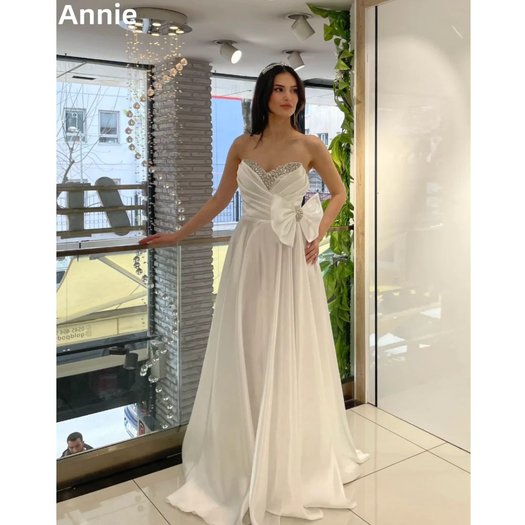 

Annie Великолепные белые платья для выпускного вечера с блестками и бантом Вечерние платья Сексуальное атласное платье принцессы для выпускного вечера с открытыми плечами