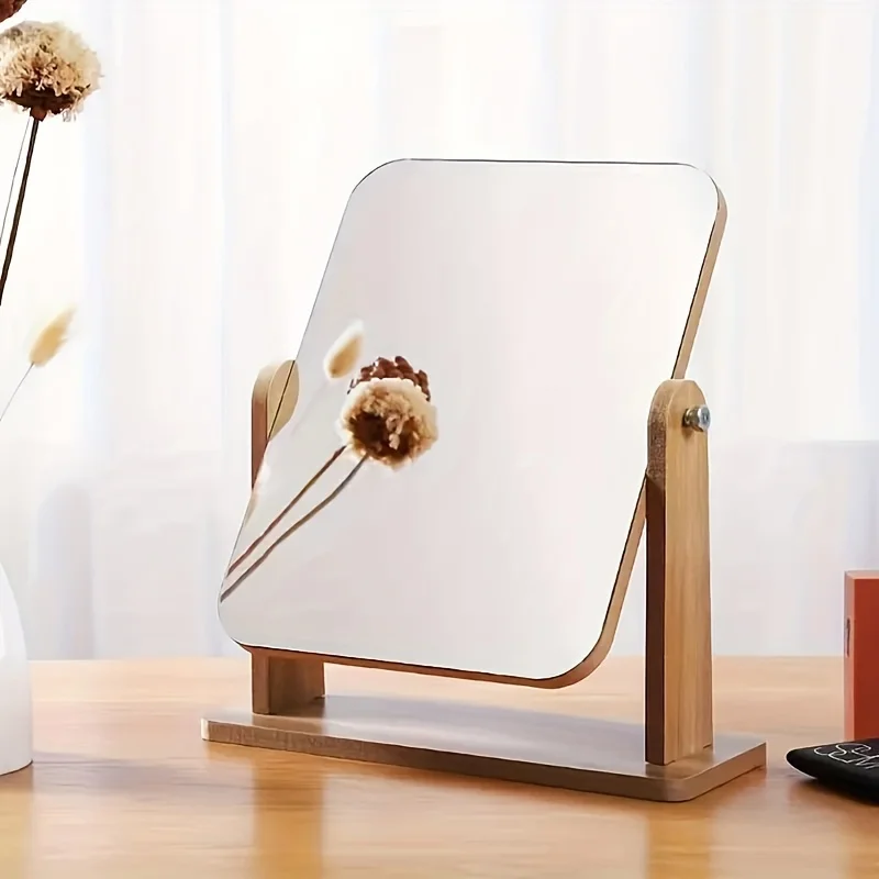 [Wooden Vanity Makeup Mirror] Handcrafted Wooden Vanity Mirror - Adjustable Rectangular Tabletop Makeup Mirror for Bedrooms, Bat