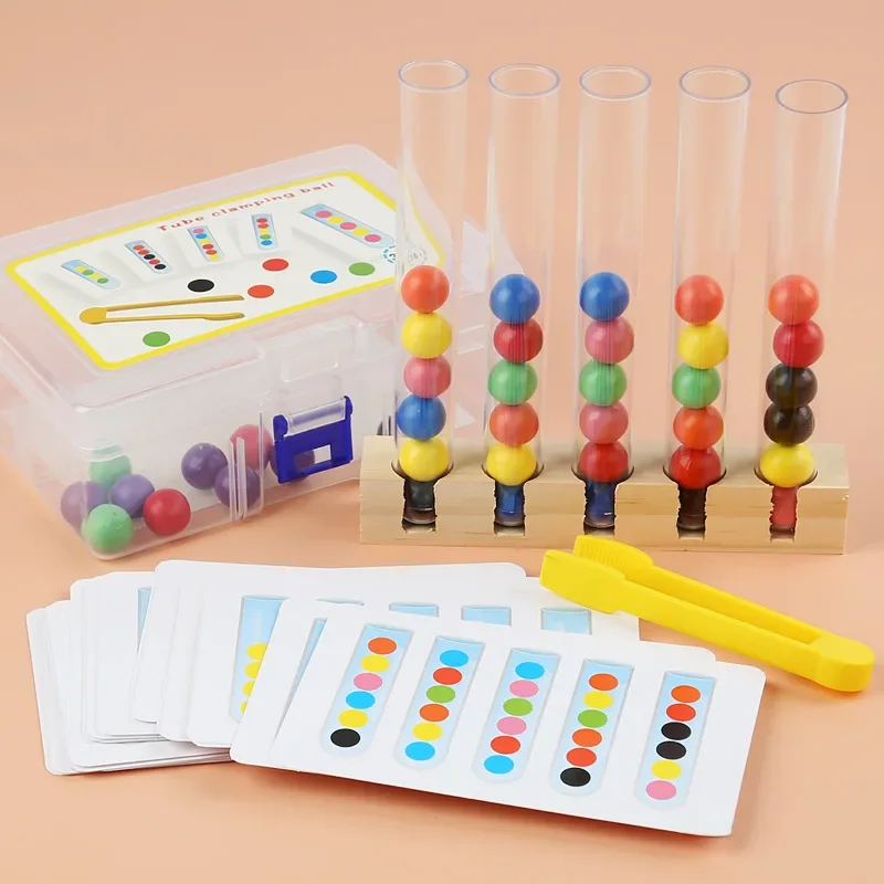 Brinquedo do tubo de ensaio dos grânulos de madeira do grampo, jogo de classificação da cor, contas