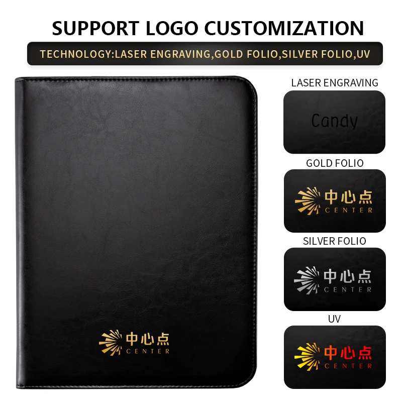 Black Professional Business Leather Portfolio For Men,A4 Leather Writing Pad Folder With Zipper,Leather Padfolio Folder