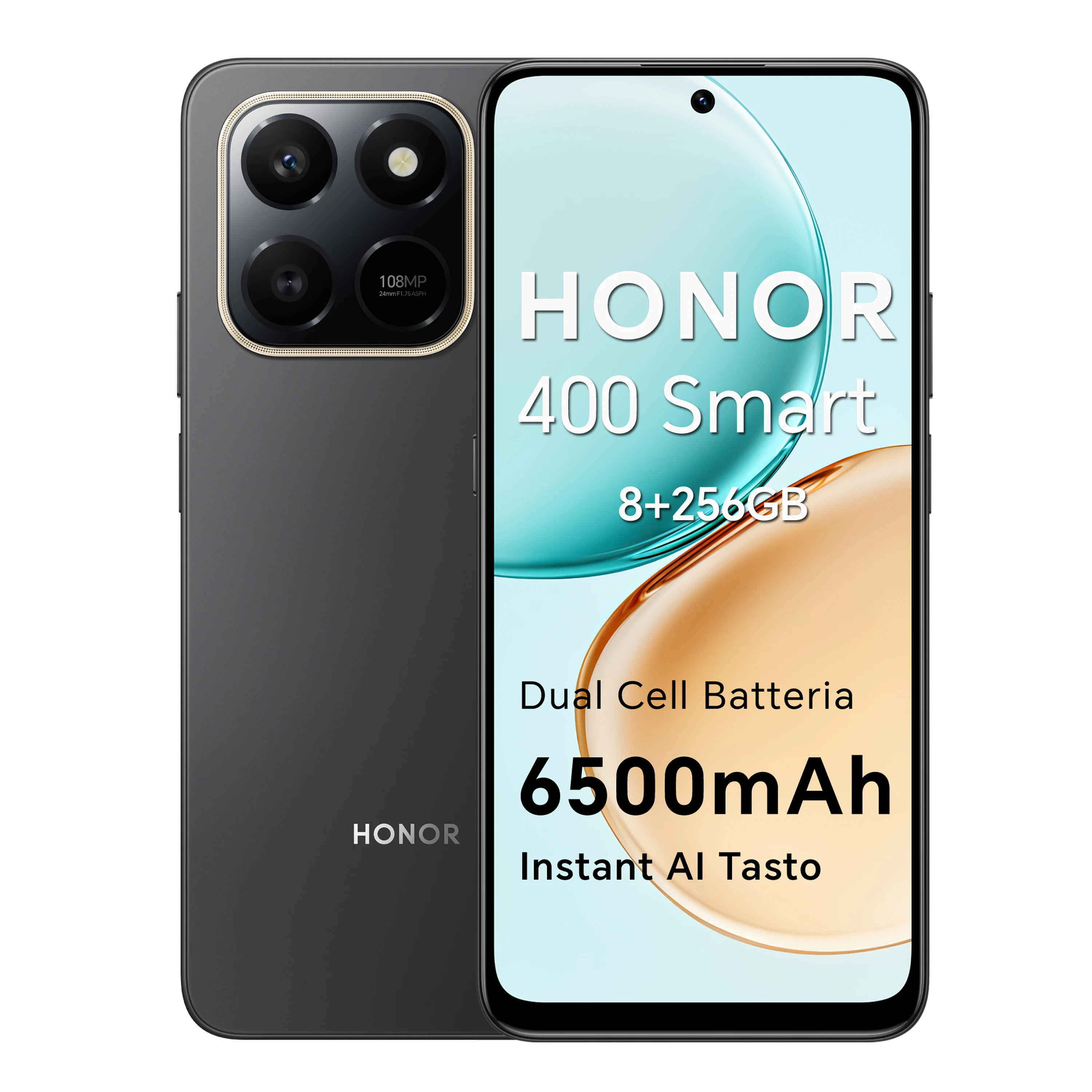 Smartphone HONOR 400 Smart 4G, double SIM, NFC, Android 15, batterie double cellule 6500 mAh, 108MP + 2MP avec bouton IA, écran confortable 6,77 pouces 120 Hz, 5 étoiles SGS & IP65