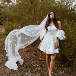 Floral Applique Bridal Veils with 3D Handmade Organza Flowers One Layer Marriage Wedding Veil with Comb
