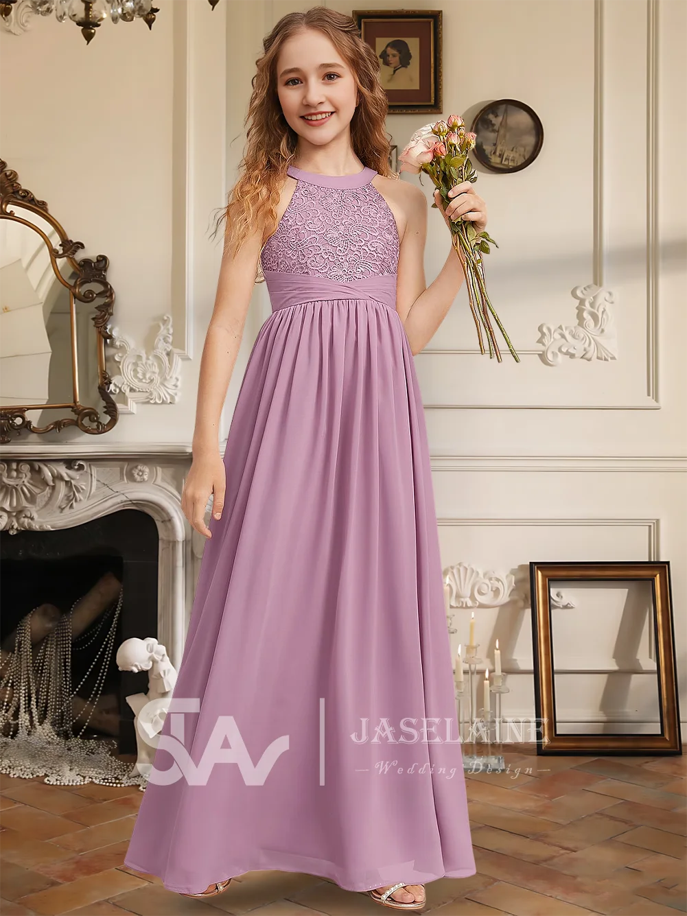 

A Halter Floor-Length A-Line Chiffon Lace Junior Bridesmaid Dress Sleeveless Flower Girl Dress Girls Formal Wedding Party