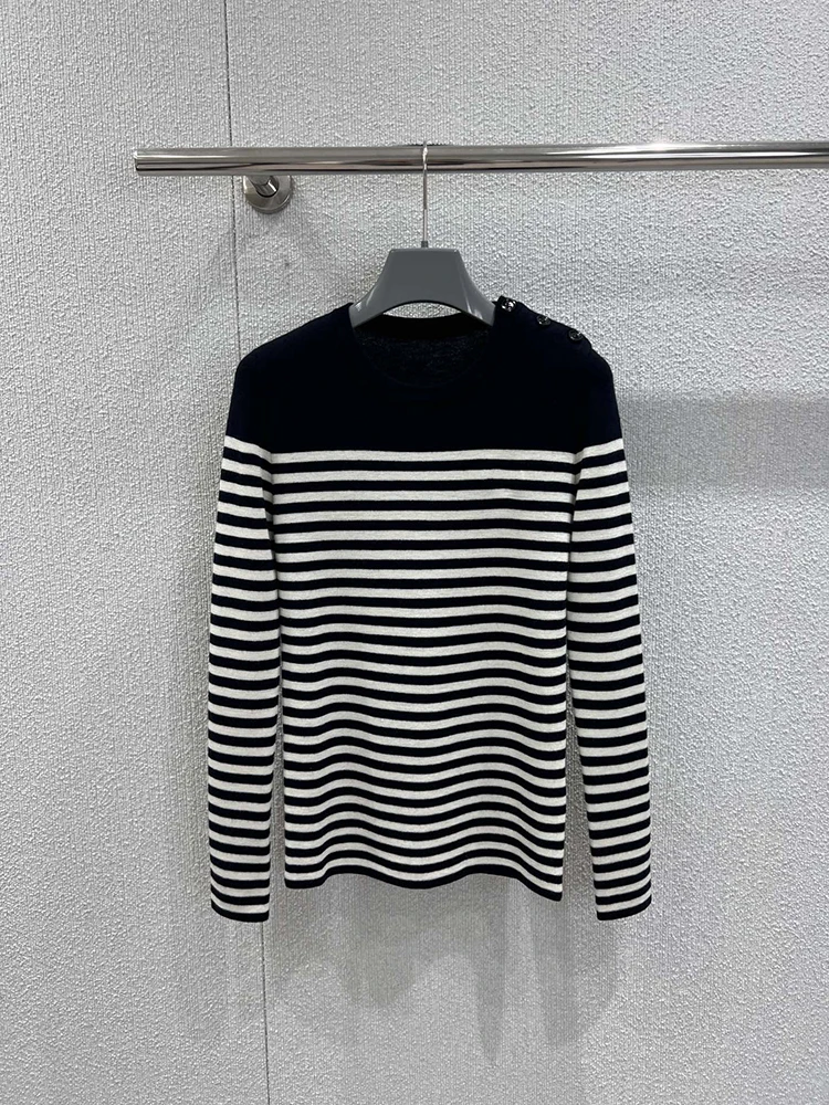 

Весенне-летняя новинка: женская шерстяная вязаная футболка с длинными рукавами, круглым вырезом, в полоску, для отдыха, универсальный стиль.