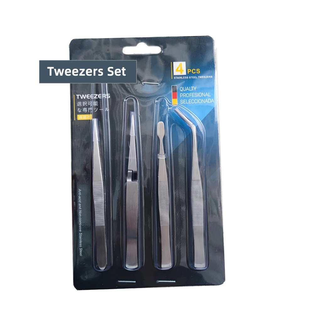 

4-Piece Stainless Steel Tweezers Set - Pointed, reverse, Flat & Rounded Tips for Precision Work, Beauty, Crafts & Electronics
