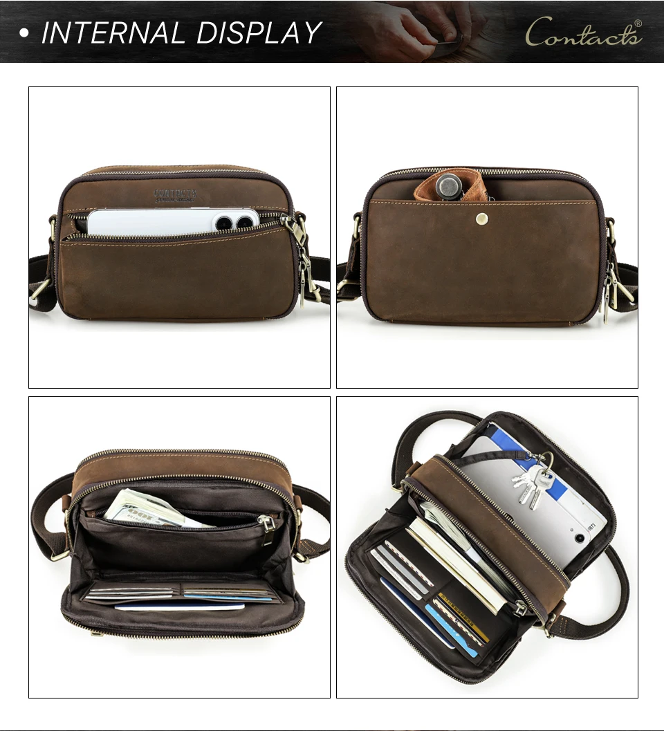 CONTACT'S Echtleder Kleine Umhängetasche für Herren, Vintage Crossbody-Schultertasche, Reisehandtasche mit Luxus-Ausführung für Männer – Detail 12