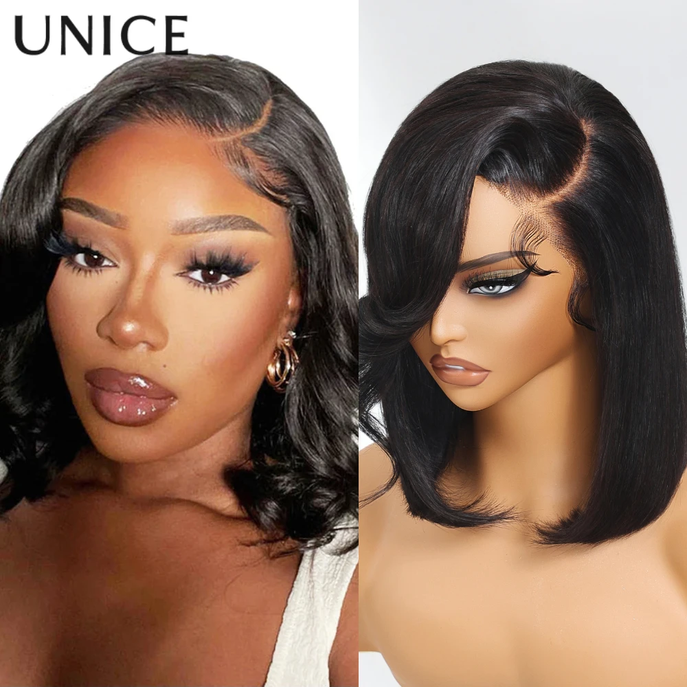 

UNICE Hair 4x4 Lace Bob Wig With Side Swept Bangs Pre Cut Pre Bleached Glueless Wig Human Hair Ready To Wear 150% Density