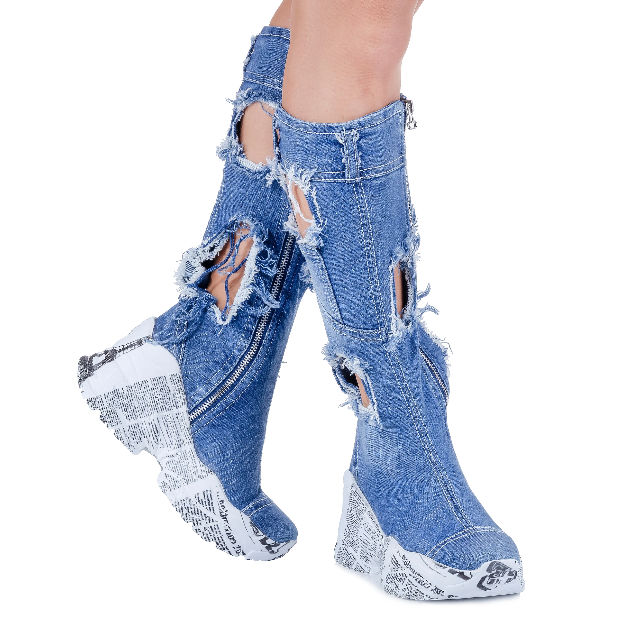 Jeans Shoes  Handmade Embroidered Blue Ripped Patterned Denim Boots Women's Sports Shoes