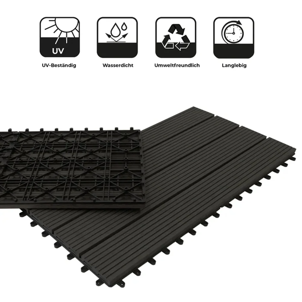 Afbeelding 7: WPC klik tegels terrastegels 30x60 cm klik systeem terrasvloer houtlook weerbestendig balkon terrasvloerplaat buitentegels antraciet Royal 22mm