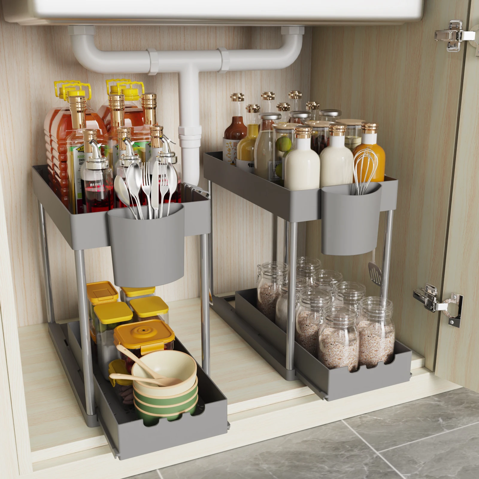 2Pcs 2-Tier Sliding Cabinet Organizer, Pull-Out Under Sink Rack, Double-Layer Storage Shelf for Kitchen & Bathroom