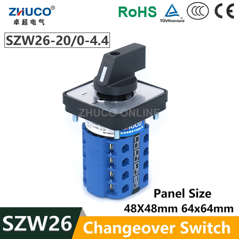 ZHUCO SZW26/LW26-20/0-4.4 16 Terminals 0-4.4 5 Positions Power Switching Panel 64/48mm 660V Ui 20A Ith Selector Cam Knob Switch