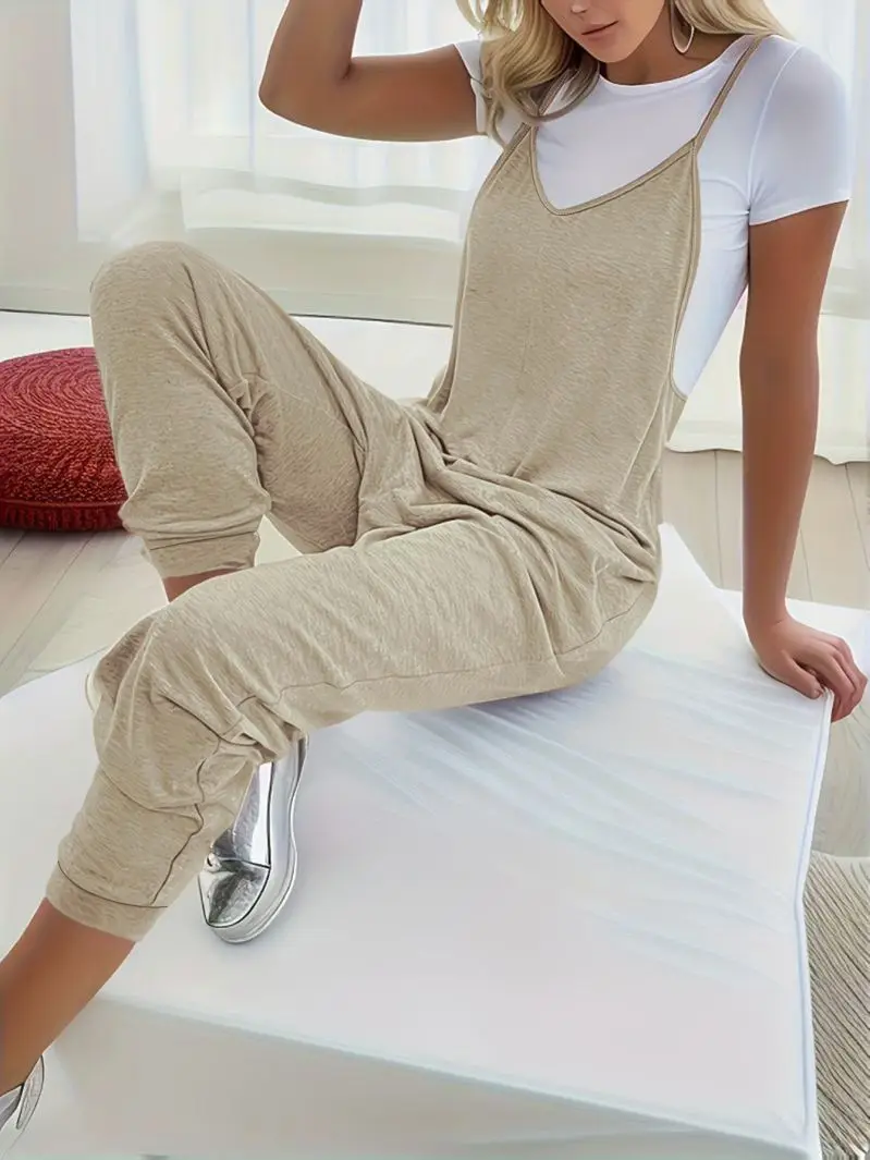 Kombinezon damski na jesień w dużych rozmiarach z AliExpress, jednolity kolor, kieszenie, długie spodnie na szelkach, luźny, casualowy kombinezon.