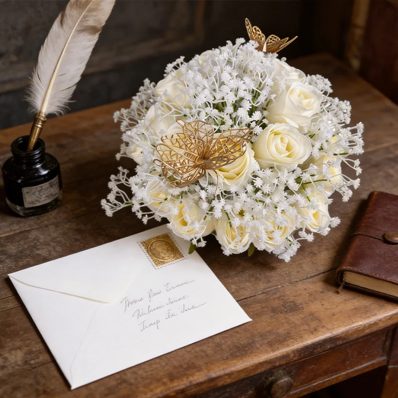 36cm Champagne Rose Artificial Flower Bouquet with Gypsophila & Gold Butterfly for Wedding Centerpiece Home Decor - view 6