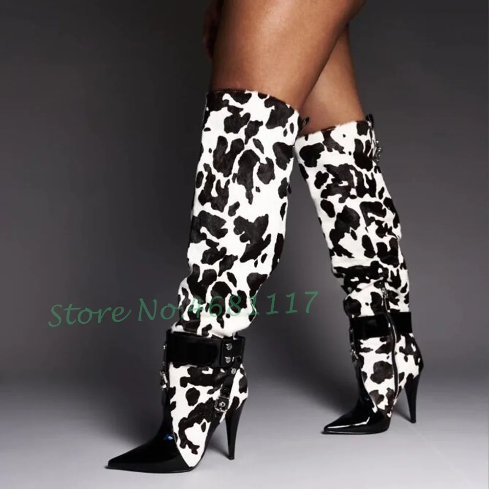 

Cow Pattern Belt Buckle High Boots Women Winter Pointy Toe Black White Splicing Suede Boots Sexy Outfit Trends Metal Decor Shoes